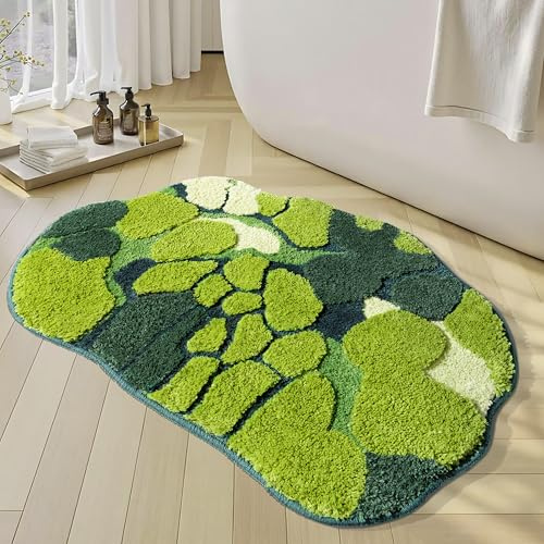 Rora Grüner Moos-Badezimmerteppich, niedliches Blatt-Badematte für Badezimmer, rutschfest, weiche Mikrofaser, wasserabsorbierend, ästhetisch, grün, Boho-Plüschteppich für Dusche, 81x50 cm
