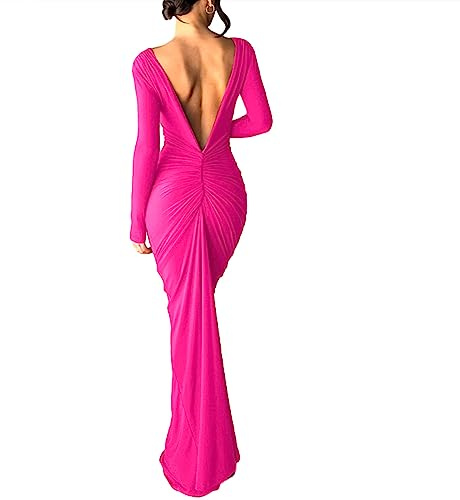 Loalirando Abito Lungo Donna Senza Schienale Elegante Manica Lunga da Cerimonia e Festa Bodycon Scollo a V Profondo per Sera Cocktail (Rosa, L)