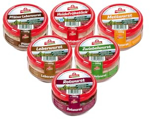 6x Müller’s Klassiker Probierset: 1 x Heidefrühstück, 1 x Leberwurst, 1 x Mettwurst, 1 x Pfälzer Leberwurst, 1 x Rotwurst, 1 x Zwiebelwurst