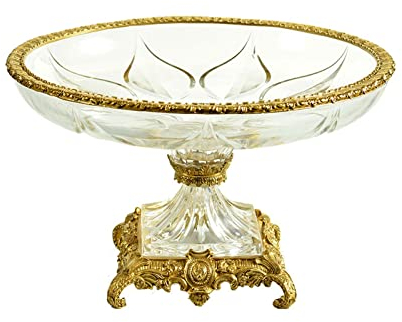 WaLdor Fruit Basket Crystal Glass Fruit Bowl Chinese Style Retro Round Copper Edging Craft Fruit Dish Home Living Room Decor Transparent Candy Bowl Fruit Plate Fruit Basket Bowl