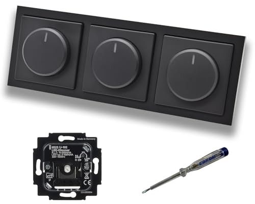 Busch Jäger 6523U-102 (3 Stück) LED Drehdimmer Dimmer + Dimmerscheiben 6540-885-102 in Future Linear schwarz matt im 3-fach Rahmen inkl. EBROM Phasenprüfer zur Montage der Geräte 6523 U - 102
