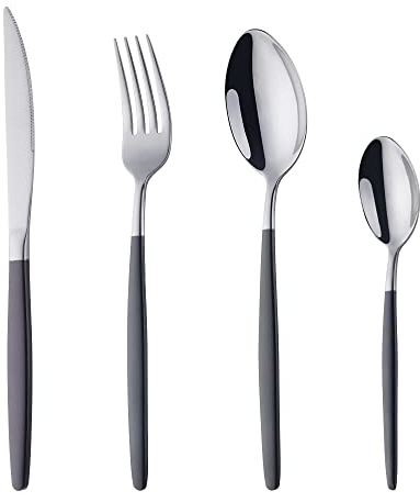 BISDARUN Stainless Steel Cutlery Set of 1 with Black Coloured Handles 4-Piece Titanium Plated Flatware Service for 1, Silverware Dinner Fork Spoon Set