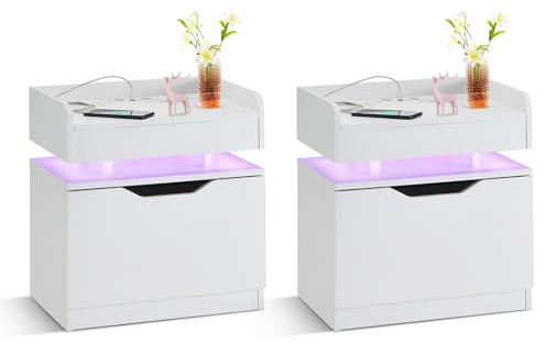 CLIPOP Nachttisch 2er Set, LED, Steckdose, Schublade, Ladefunktion | Beistelltisch, Nachtschrank, Nachtkommode, 50×35×55 cm, für Wohnzimmer & Schlafzimmer, weiß, modernes Design, praktisch