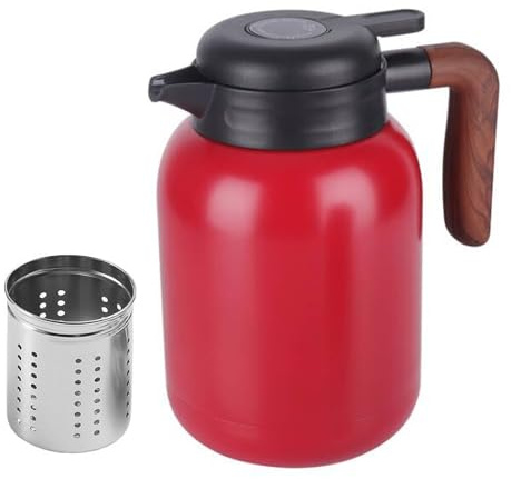 Cafetière isotherme de 1,5 l, avec poignée en bois, en acier inoxydable 316, à double paroi, avec passoire à thé amovible, théière avec bec verseur anti-gouttes pour café, thé, lait (rouge)