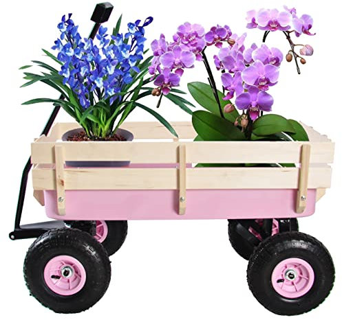 Carrelli da giardino Carri trainabili per bambini con 4 ruote pneumatiche Carro da esterno Carrello multiuso con pannelli laterali in legno per bambini Carriola da campeggio natalizia per la cura del