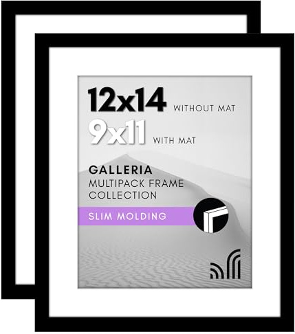 Americanflat 12x14 Picture Frame Set - Polished Plexiglass - Use as 9x11 with Mat or 12x14 Without Mat - Black Galleria Collection for Wall Display