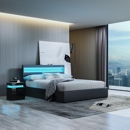 Black Bed Frame with Storage, Faux Leather Bed with LED Headboard, Modern Ottoman Gas Lift Storage Bed Frame 3FT Single, for Bedroom Furniture