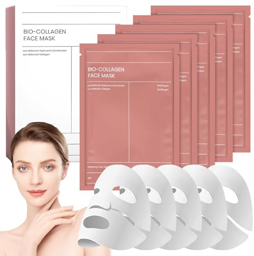 Maschera Collagene Viso, 5 Pezzi Bio Collagen Mask, Bio-Collagen Real Deep Mask, Maschera Viso Coreana Overnight, Idratazione Intensa, Pelle Compatta, Lifting Antirughe, per Tutti i Tipi di Pelle