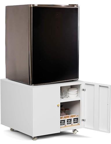 bytnghy Mini Fridge and Microwave Stand for Small Space with Adjustable Shelf and Two Doors, White Printer Cart with Wheels File Cabinet for Home Office