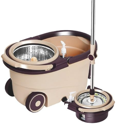 JUNYFFF Spin Mop And Bucket Set, Floor Mops with 5 Reusable Pads & 122Cm Stainless Steel Adjustable Handle, Microfiber Mop And Buckets Sets for Cleaning Hard Wood Tile Floors,Coffee Color