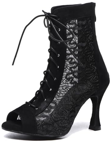 MINITOO Sexy Dance Heels for Women Elegant Open Toe Formal Party Evening Ankle Booties L546 Black 9cm Heel UK 7
