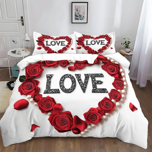 Copripiumino 250 x 200 cm Copripiumino stampato Fiore Cuore Perla Set di biancheria da letto in microfibra con cerniera Bianco Copripiumino chiaro