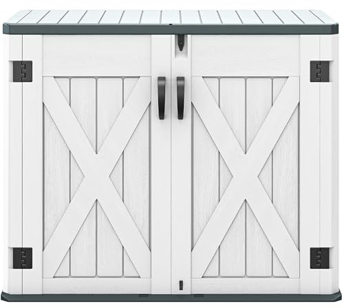 DWVO Outdoor Storage Shed, Weatherproof Resin, 35 Cu Ft Capacity, Horizontal Design, X-Shaped Lockable Door, Suitable for Bike, Garden Tools, Trash Cans, Light Gray