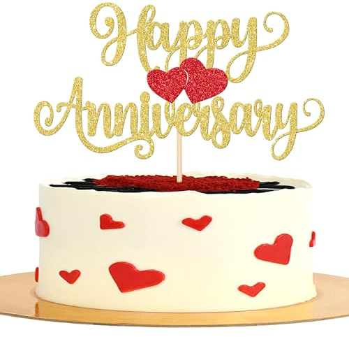 SYKYCTCY 1 Pack Happy Anniversary Cake Topper Glitter Heart Wedding Anniversary Cake Pick Wedding Cake Decorations Kids Birthday Party Cake Decorations Supplies