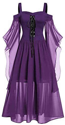 Generisch Épée médiévale jouet manches robe à lacets Halloween couleur unie robe longue élégante bague médiévale argent, lilas, XL