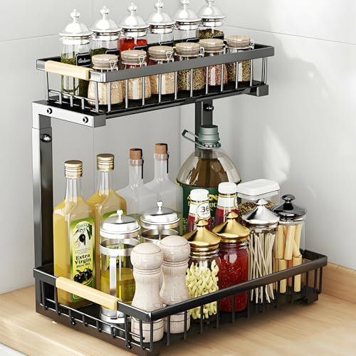 Yolispa Organizador de Cocina de 2 Niveles, Deslizable bajo Fregadero, Extraíble Estante Almacenamiento Debajo, de Servicio Pesado Extraíble Organizador Fregadero Cocina para Armario Cocina y baño