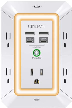 3-Sided Outlet Extender with Night Light - QINLIANF Multi Plug Outlet with 5 Outlets and 4 USB Ports(2 USB-C), USB Wall Charger for Home, Office, Travel, ETL Listed, White