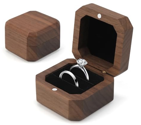 MUCOOS Caja para anillos de boda, 2 anillos, de madera, con terciopelo negro, cojín para anillos de boda, caja de anillos, caja de anillos con bordes redondeados, almacenamiento de joyas, color negro