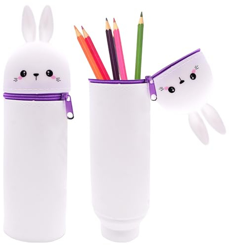 Nnicorns 2-in-1 Silikon Kawaii Federmäppchen, Weiche Silikontasche, Kawaii Federmäppchen, Federtasche aus weichem Silikon für Stifte (Kaninchen, weiß)