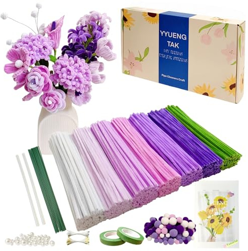 YYUENGTAK 500 piezas Limpiapipas Manualidades degradado Morado,Set de Limpiapipas Flores, con Instrucciones y varios accesorios,para Regalos Artesanales y Decoración del Hogar,Pipe Cleaner Flower kit