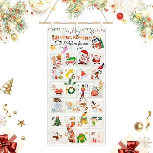 Aischens Calendario de Adviento de Tela para Rellenar 2025,DIY Calendario de Adviento de Navidad con 24 Bolsillos Reutilizables, Decoración Navideña para Colgar, Colgante de Navidad de Tela para Hogar