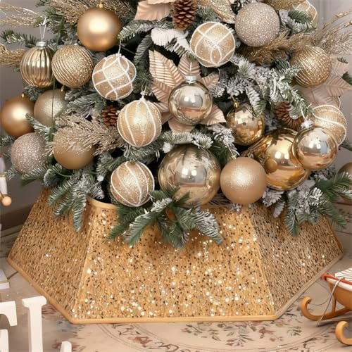 Shyllin Jupe de Sapin de Noël à Paillettes, Cache Pied Sapin de Noël Decoration, Panier Couvre Pied de Sapin de Noel, Christmas Tree Collar, Couverture Décorative d'arbre de N oël (Champagne 6)