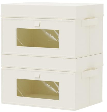 GUOHNHE Caja de Almacenaje Robusto con Tapa, 33x23x20 cm, Beige, Pack 2 | Contenedor de Almacenamiento Plegable, Cesto para Ropa de Armario con Ventanas Transparentes, Cesta de Tela Resistente