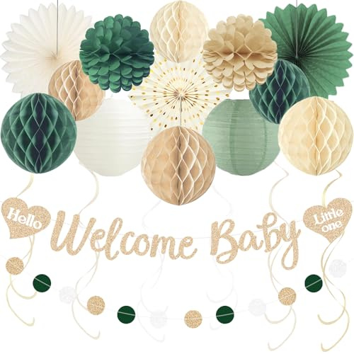 CharmeFleur Decoraciones para Baby Shower en Verde Salvia para Niños, Cartel de Bienvenida para Bebés con Esferas de Panal, Flores de Papel, Faroles, Abanicos, Espirales