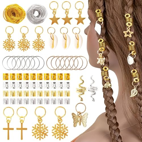 Joyeee Kit de 230PCS Espirales Oro Plata adornos pelo – Festival Charms Estrella Copo de Nieve Concha Mariposa Hoja Anillos