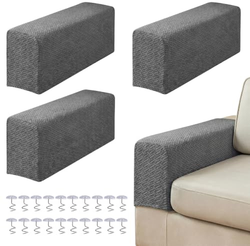 Sofa Arm Covers 4 PCS, Extra Long Couch Arm Protectors for Sofa and Recliners, Stretch Jacquard Armrest Covers for Large Armchairs, Anti-Slip Washable Furniture Protector for Dogs/Pets (Gray)