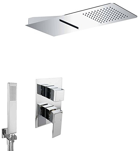 PaulGurkes Wasserfall Dusch Set Unterputz Duschsystem Regendusche Brauseset Komplett Duscheset mit Handbrause Tropendusche XXL Duschtempel eckig Luxusdusche UP-Montage Komplettduschsystem Messing