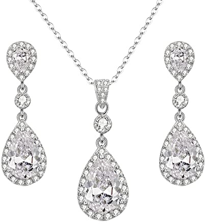 Clearine Cubic Zirconia Schmuckset Damen 925 Sterling Silber Hochzeit Braut mit Unendlichkeit Tropfen Anhänger Halskette Dangle Ohrringe Schmuck Set