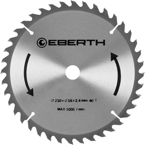 EBERTH Kreissägeblatt Sägeblatt Kreissäge Blatt aus Stahl mit Hartmetall-Zähnen für Holz-Schnitte (210mm Durchmesser, 16mm Bohrung, 1.6mm Blättstärke, 2.4mm Schnittbreite, 40 Zähne, RPM Max. 5000)