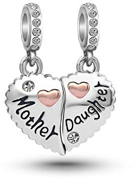 KunBead Heart Love Mother and Daughter Dangle Charms for Bracelets Birthday Gift for Mom for Women