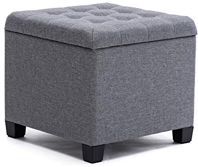 HNNHOME Sitzhocker mit Stauraum, Sitzwürfel mit Deckel, Sitztruhe, Fußbank Truhen Aufbewahrungsbox, Leinen, 44 L, 45 x 45 x 41 cm, Grau