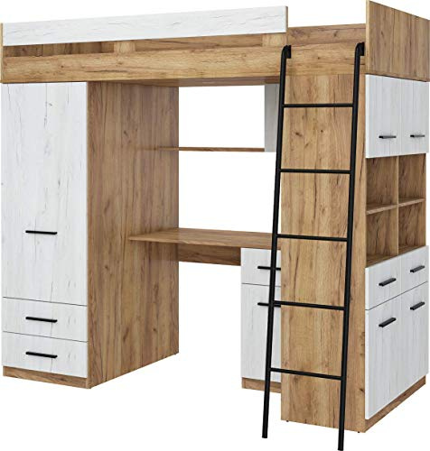 Hochbett mit Schreibtisch, Schubladen, Kleiderschrank und Bücherregal | Platzsparendes Loftbett (120x206x188 cm) - Kinderbett 90x200 Bettgröße - Rechte Leiter - LEVEL (CraftGold/CraftWeiß)