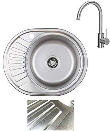 VBChome Inbyggd diskbänk med kran 57 x 45 linnestruktur vänster från 45 underskåp rostfritt stål diskbänk diskbänk förvaringsyta dränering fyrkantig camping avloppssats sifon kran inox rostfritt stål