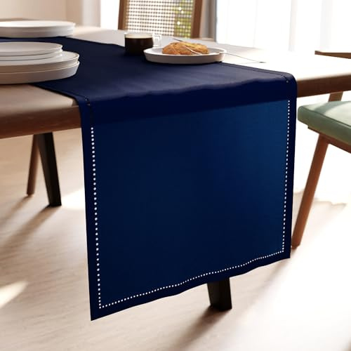 Encasa XO Tischläufer | Reine Baumwolle mit Hohlsaumdesign | Größe 32x150 cm | Scotch Blue - Maschinenwaschbar