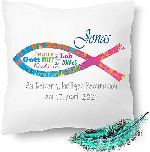 Print Deluxe Kommunion Geschenk, bedrucktes Kissen personalisiert mit Namen und Datum | Kirchliches Fisch Symbole |Geschenk Idee,Dekokissen | Kuschelkissen 40X40 Bedruckt(mit Kissenfüllung, Bunt)