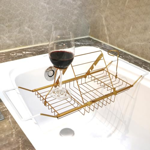 PLKO Bandeja de bañera, Bandeja de Acero Inoxidable para Ducha con Soporte extraíble para Libros, Soporte para Vino Tinto, para el hogar, Cocina, baño, Color Dorado