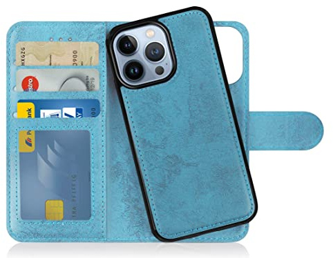 MyGadget Flip-fodral för iPhone 14 Pro - [avtagbart magnetfodral] - mobilfodral av konstläder - [flipfodral med kortplats] skyddsfodral i ljusblått