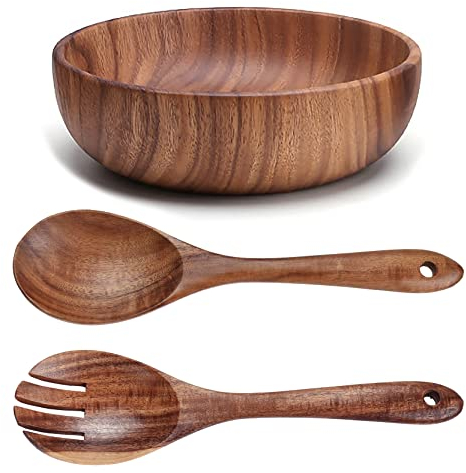 UPTALY Ensaladera de madera de gran tamaño (22 cm x 7,5 cm), con juego de cuchara y tenedor de madera (26 cm x 6,8 cm), cuenco de madera de acacia, cuencos grandes de madera para servir
