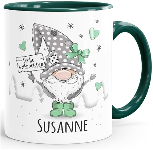 SpecialMe® Kaffee-Tasse Frohe Weihnachten Wichtel Weihnachtsmotiv mit Namen persönliche Geschenke Weiss-innen-gruen standard