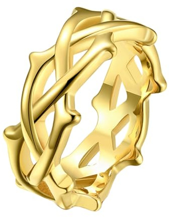 INRENG Men's Women's 9MM Stainless Steel Crown of Thorns Ring Tree Vine Branch Wedding Band Gold Size 7