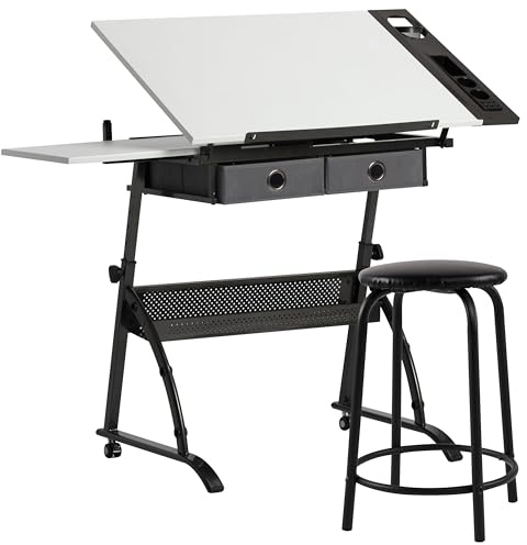 SD Studio Designs Core 2 Pc Craft Center - 35.5 W Angle Adjustable Drafting Table with Cloth Drawers, Side Shelf and Stool