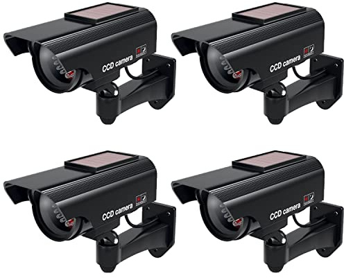 BASI | 4er Set Solar Kamera-Attrappe mit blinkendem LED-Licht | Dummy Kamera | Sicherheitskamera | Überwachungskamera für Innen- und Außenbereich solarbetrieben | Wandhalterung | Solar Panel | CCTV