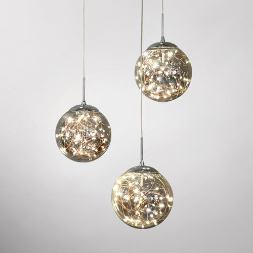 KAUCQI LED Pendant Light, 3 Glass Balls Creative Star Clear Long Pendant Lamp, Staircase LED Chandelier, Pendant Lights with Adjustable Length