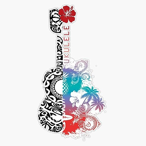 Ukulele Tattoo Polynesian/Hawaiian Pattern Hibiscus Vinyl Sticker Waterproof Decal Laptop Wall Window Bumper Sticker 5