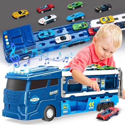 hahaland Spielzeug ab 3 Jahre Junge, Tragbares Rennbahn Race Spielzeugautos mit 6 Mini Rennautos, LKW Autotransporter, Truck Auto Spielzeug Geschenk für Kinder 3 4 5 6 Jahre Junge