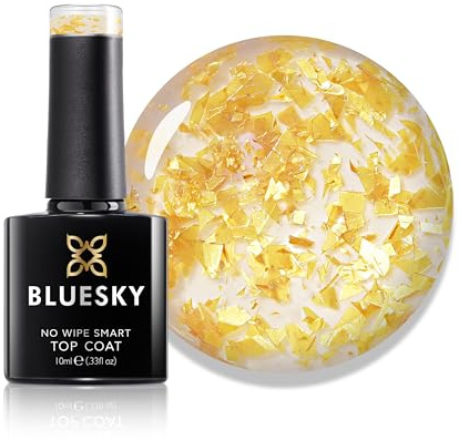 Bluesky Golden Flake No Wipe topplack 10 ml, GLT01, guldblad gel nagellack för 21 dagars manikyr, professionell, salong och hemmabruk, kräver härdning under LED UV-nagellampa